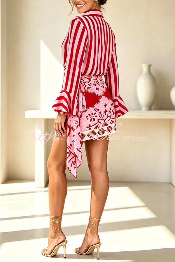 Halina | Satin-Set mit Trompetenärmeln und Wickelrock