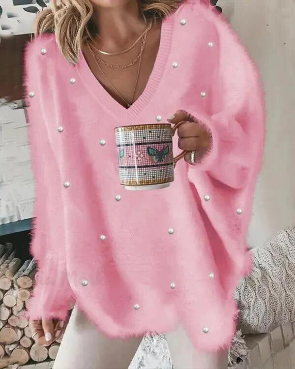 Helge | Strickpullover mit V-Ausschnitt und Perlendetails