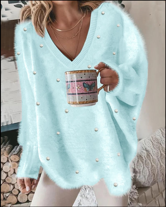 Helge | Strickpullover mit V-Ausschnitt und Perlendetails
