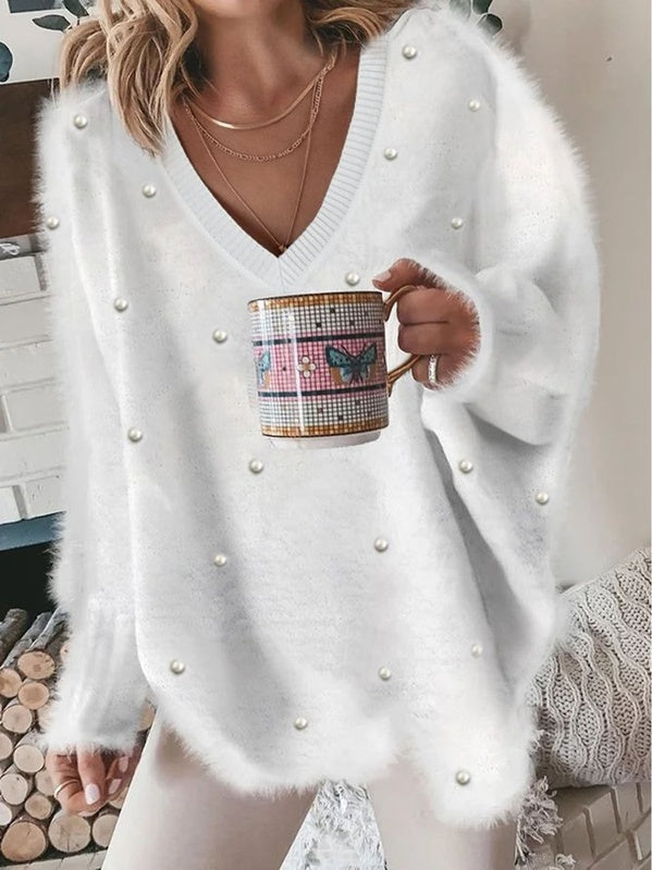Helge | Strickpullover mit V-Ausschnitt und Perlendetails