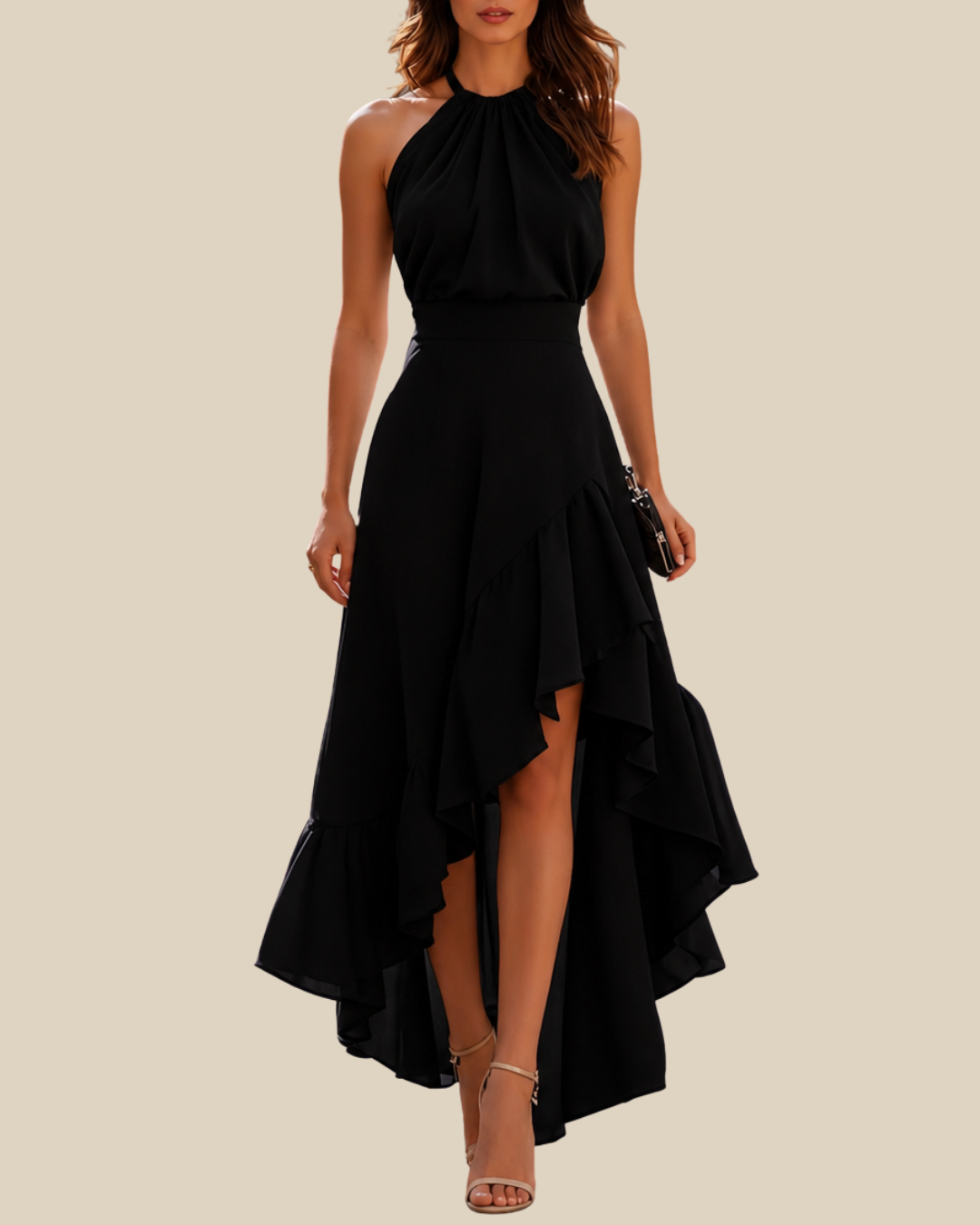 Nina | Neckholder-Kleid mit Volants und asymmetrischem Saum
