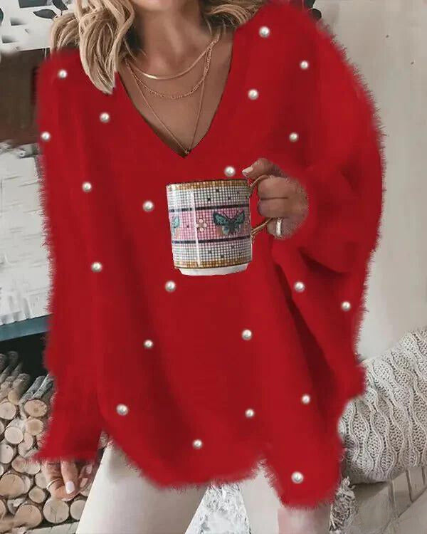 Helge | Strickpullover mit V-Ausschnitt und Perlendetails