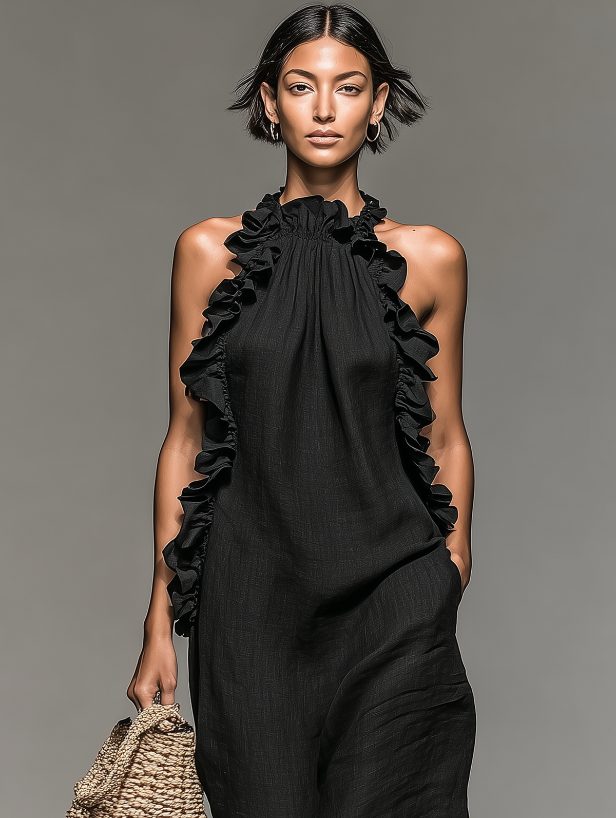 Tanja | Ärmelloses Maxikleid mit Volants und Taschen
