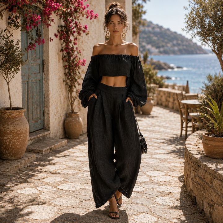 Maike | Strapless-Set aus Leinen-Mix mit weiter Hose