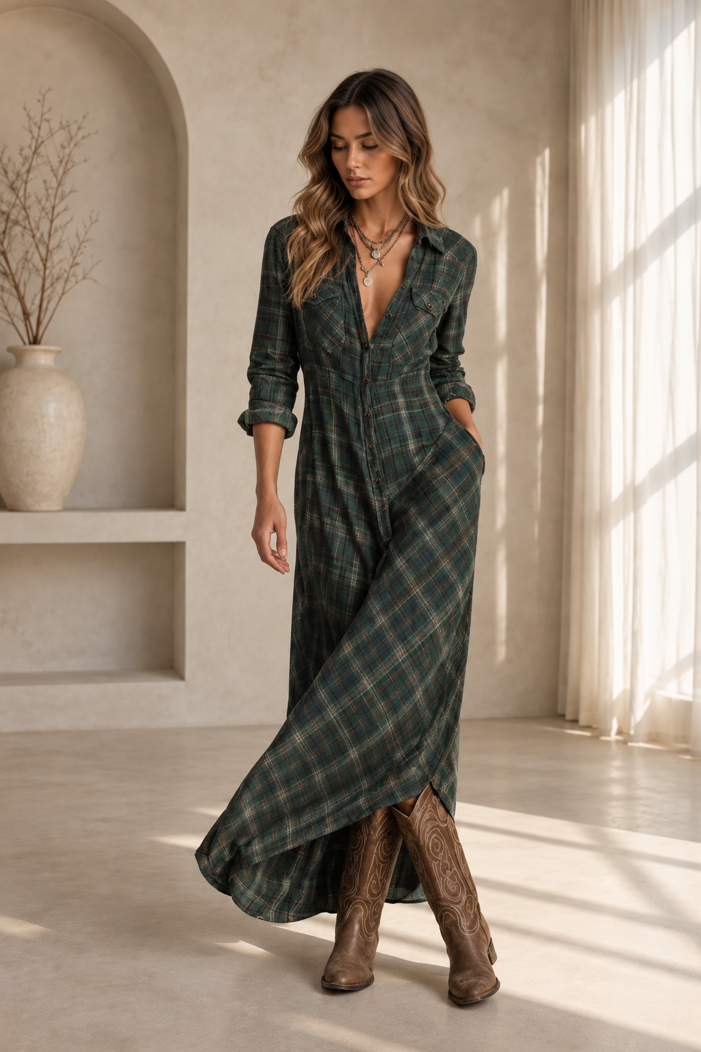 Dörte | Langes Hemdblusenkleid mit Karokragen