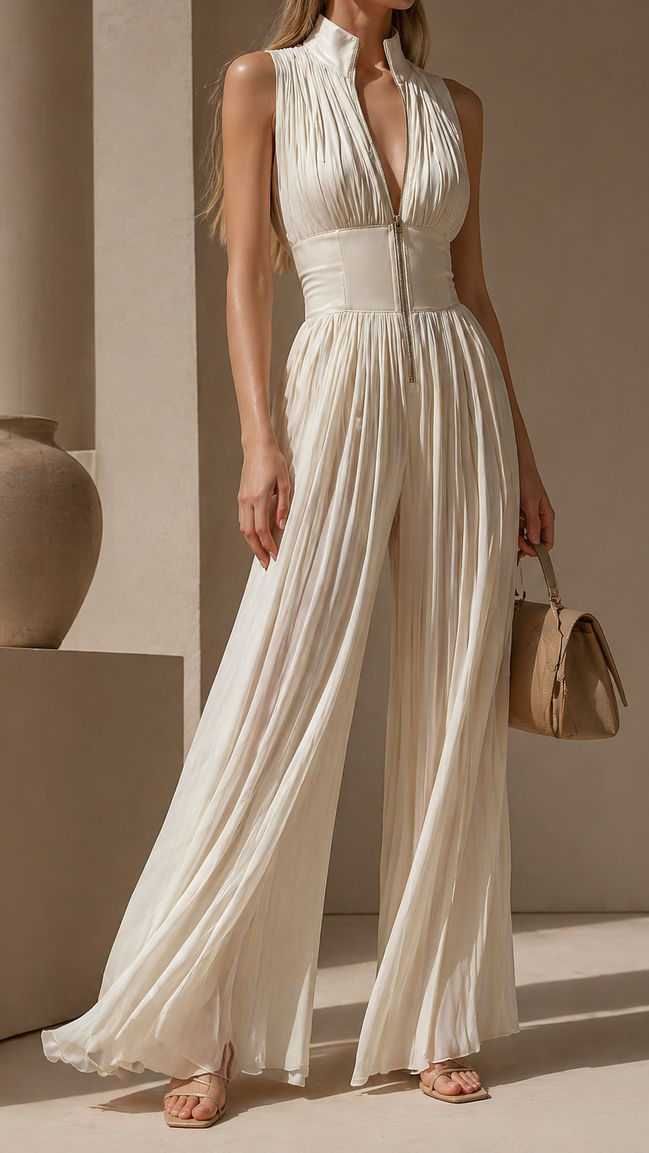 Greta | Plissierter Jumpsuit mit tiefem Ausschnitt