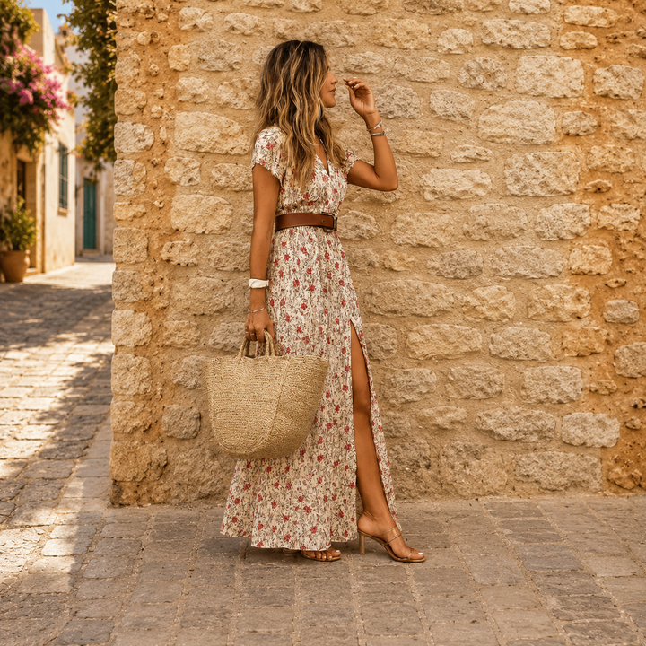 Justine | Lange Boho-Robe mit Gürtel