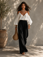 Gesa | Zweiteiler-Set mit Off-Shoulder-Top und weiter Hose, Weiß-Schwarz