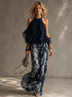 Sylvie | Chiffon-Set mit Neckholder-Top und bedruckter weiter Hose, Navy