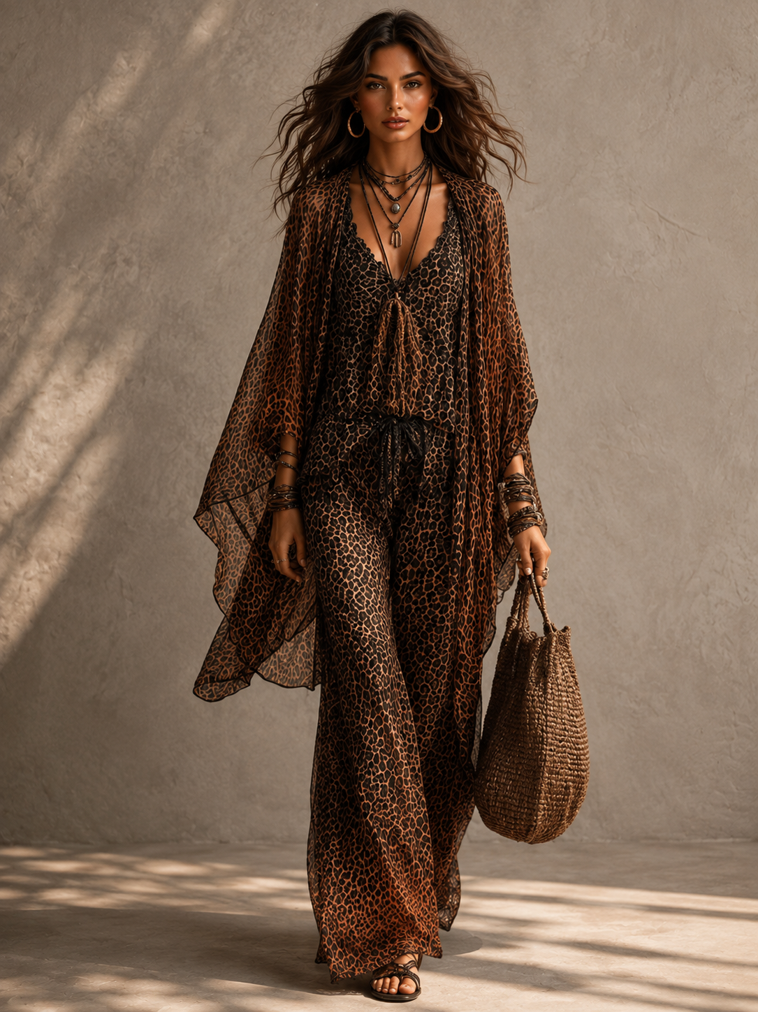 Xenia | Fließendes Dreiteiler-Set mit Leo-Print im Boho-Stil