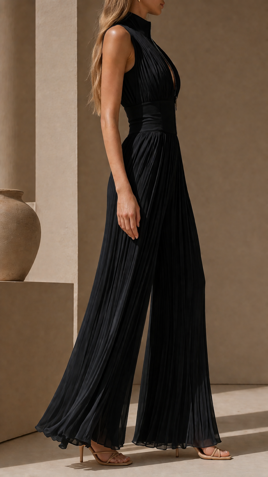 Greta | Plissierter Jumpsuit mit tiefem Ausschnitt