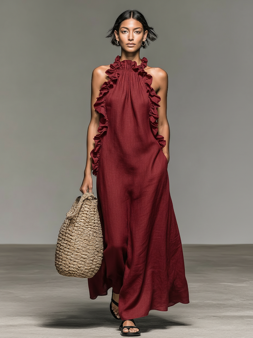 Tanja | Ärmelloses Maxikleid mit Volants und Taschen