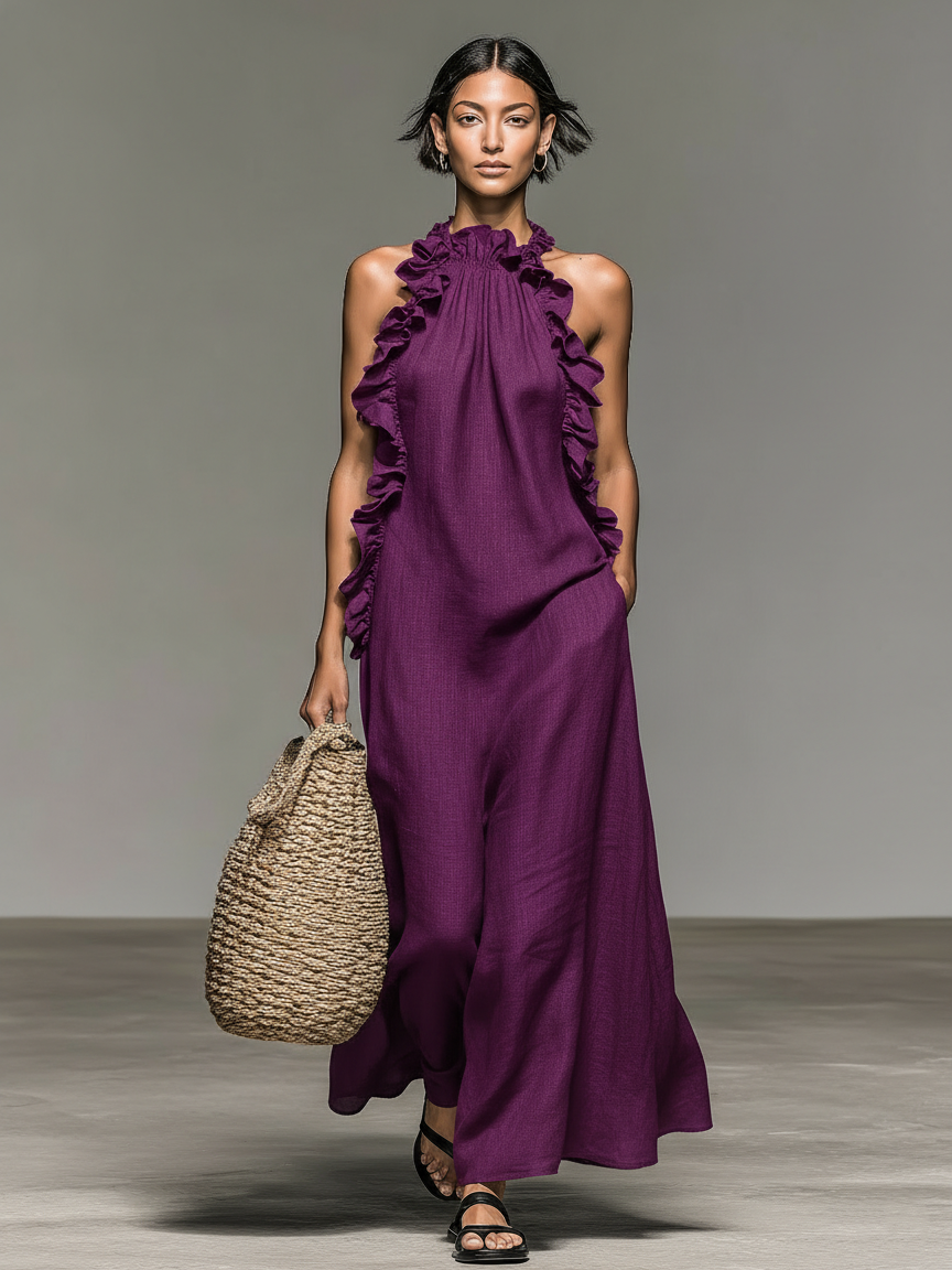 Tanja | Ärmelloses Maxikleid mit Volants und Taschen