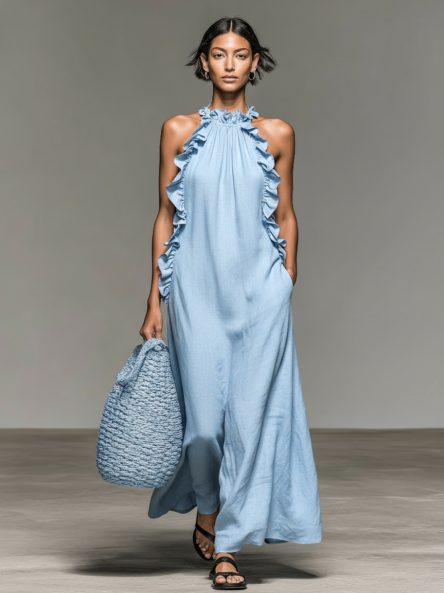 Tanja | Ärmelloses Maxikleid mit Volants und Taschen