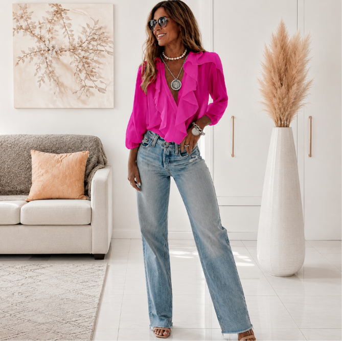 Greta | Elegante V-Ausschnitt Bluse mit langen Ärmeln & Rüschen