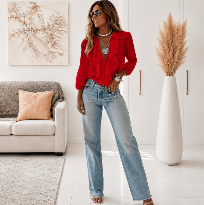 Greta | Elegante V-Ausschnitt Bluse mit langen Ärmeln & Rüschen