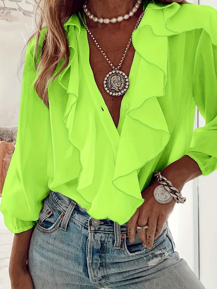 Greta | Elegante V-Ausschnitt Bluse mit langen Ärmeln & Rüschen