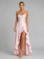 Theresia | Maxikleid mit schmalen Trägern und Asymmetriesaum