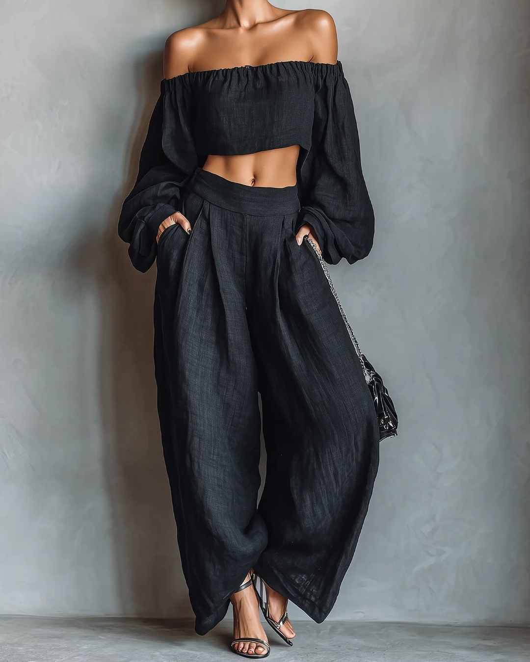 Maike | Strapless-Set aus Leinen-Mix mit weiter Hose