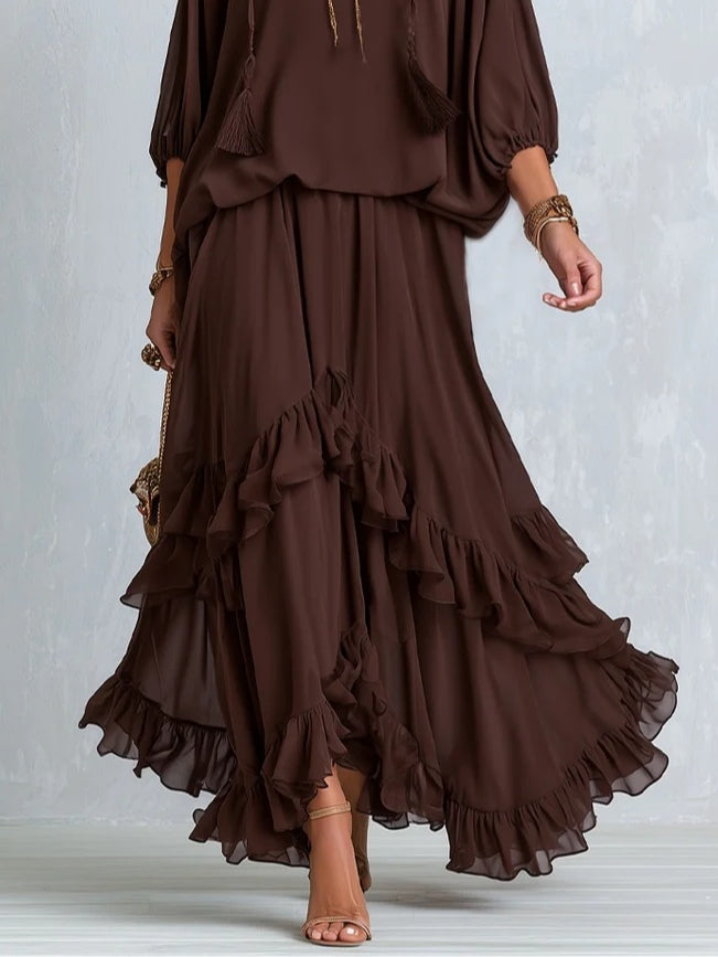 Claudia | Chiffon-Set mit Volantoberteil und weitem Rock