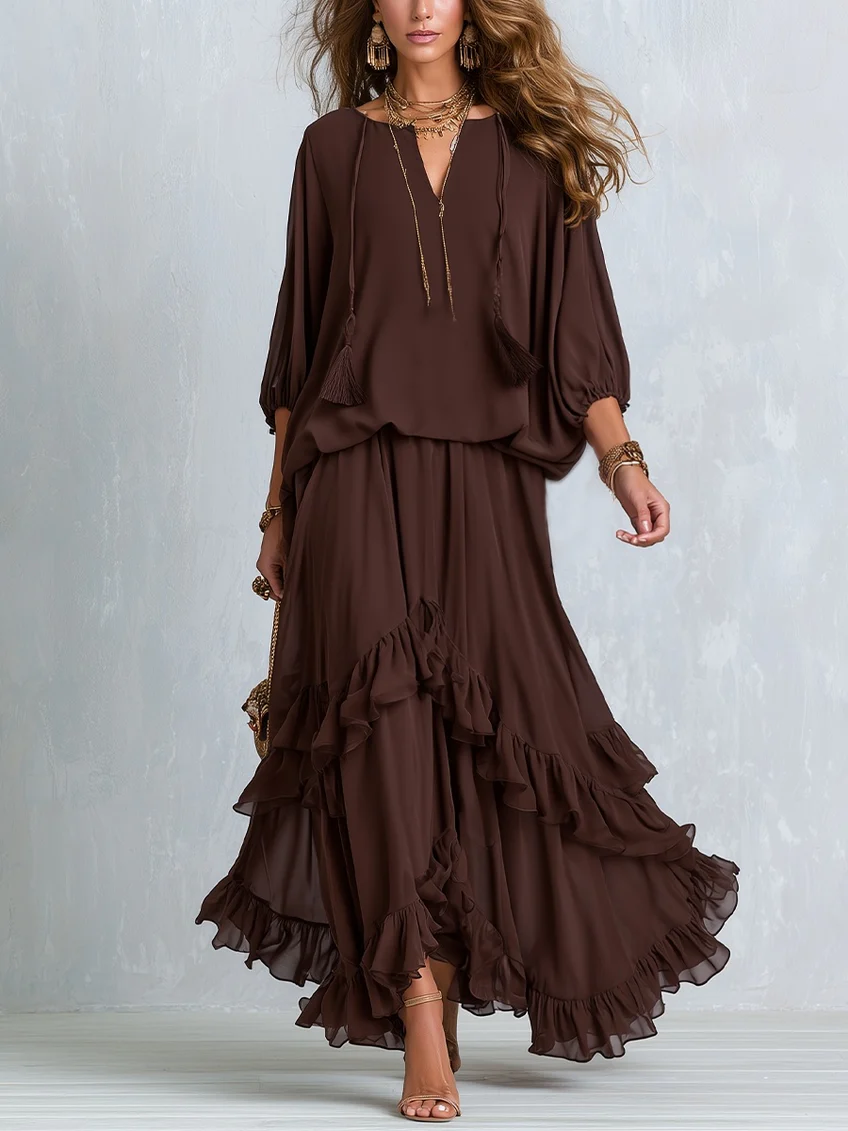 Claudia | Chiffon-Set mit Volantoberteil und weitem Rock