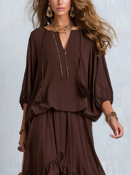 Claudia | Chiffon-Set mit Volantoberteil und weitem Rock