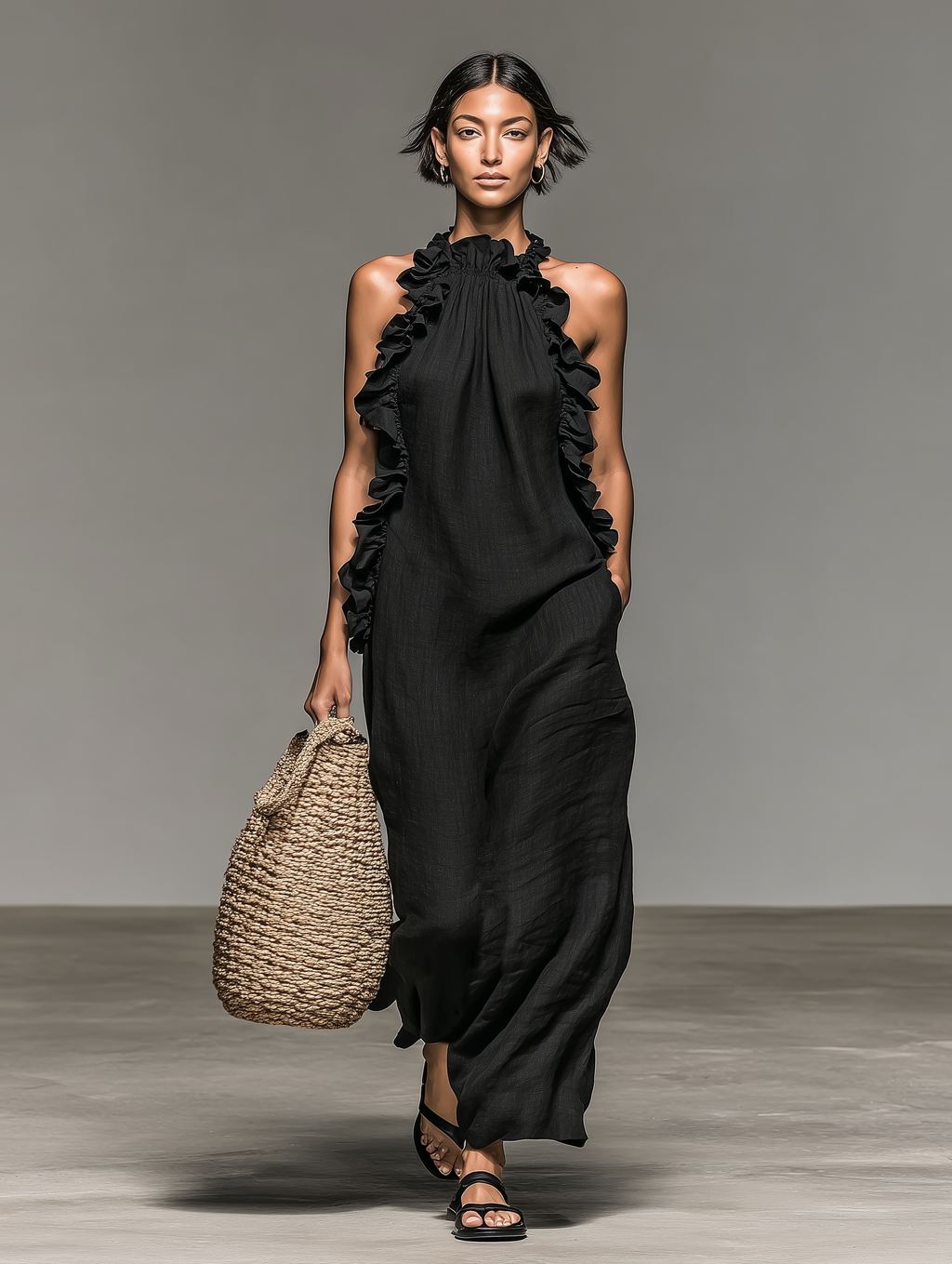 Tanja | Ärmelloses Maxikleid mit Volants und Taschen