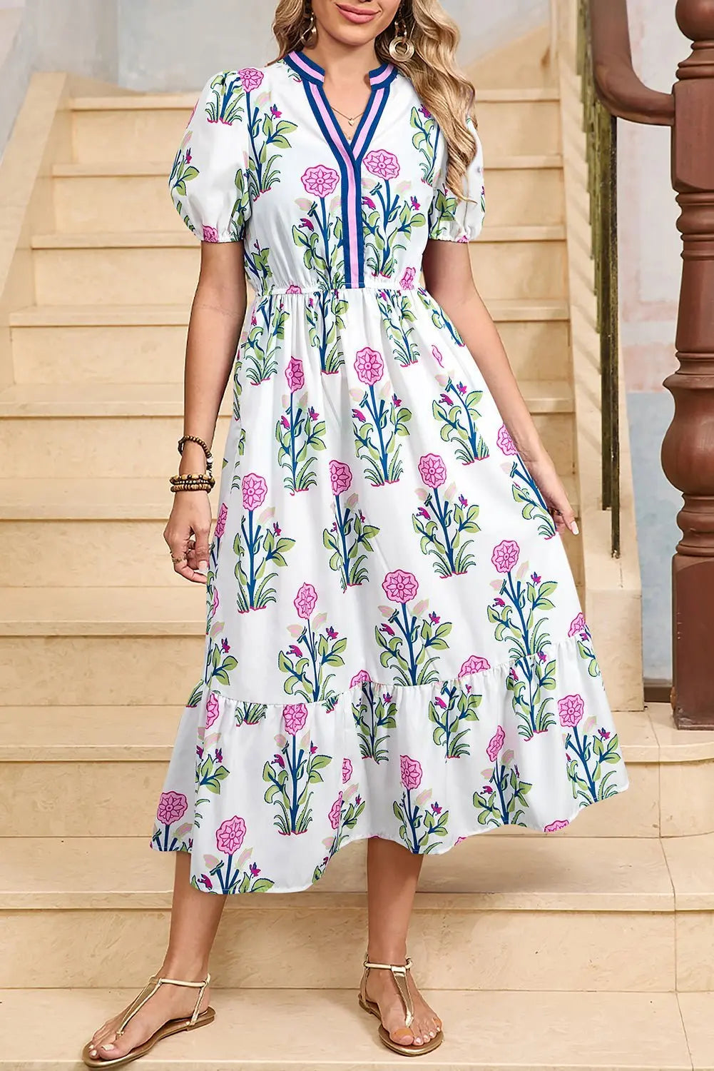 Tessa | Boho Midi-Kleid mit Volant und Puffärmeln