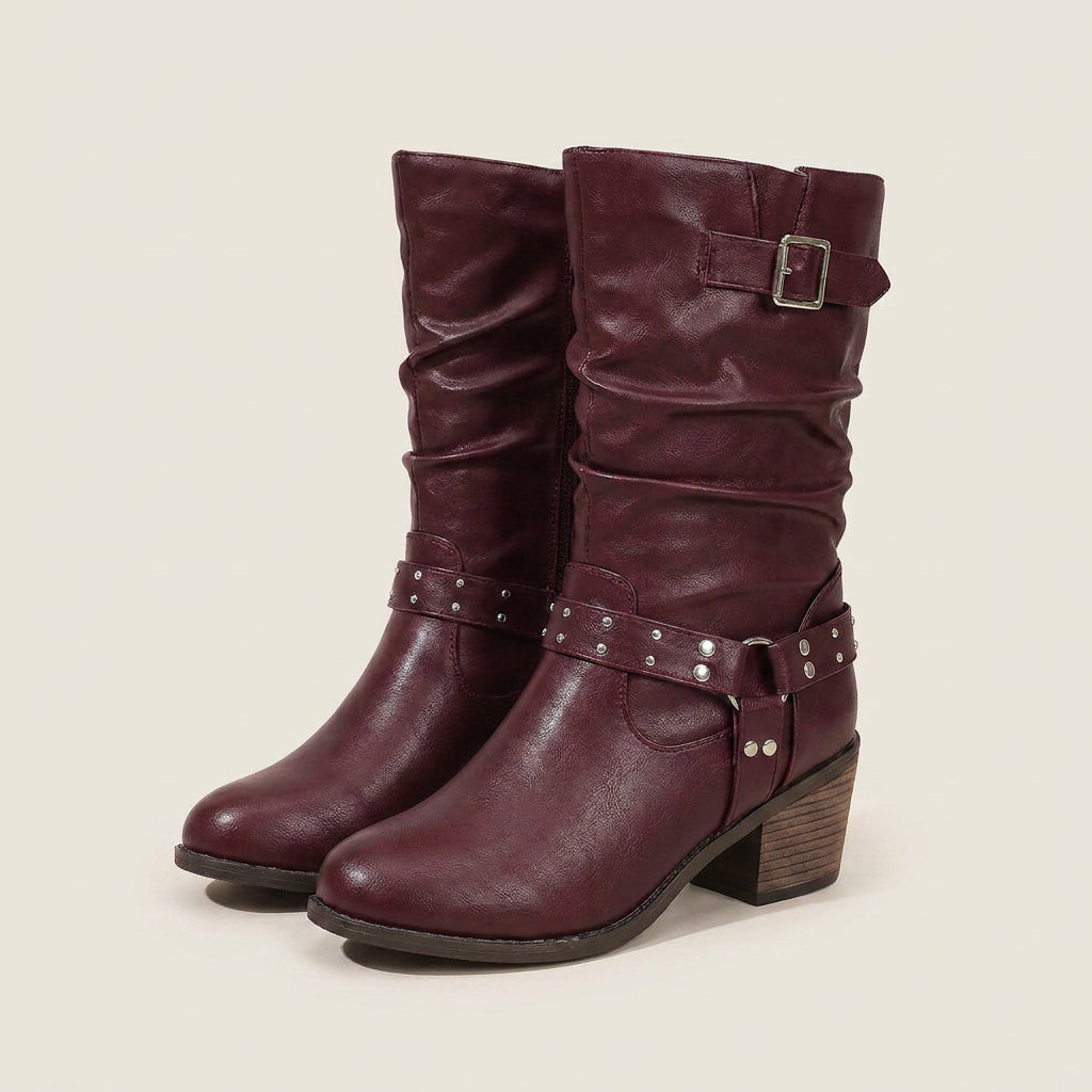 Ottilia | Bikerstiefel mit Nietenriemen und Blockabsatz