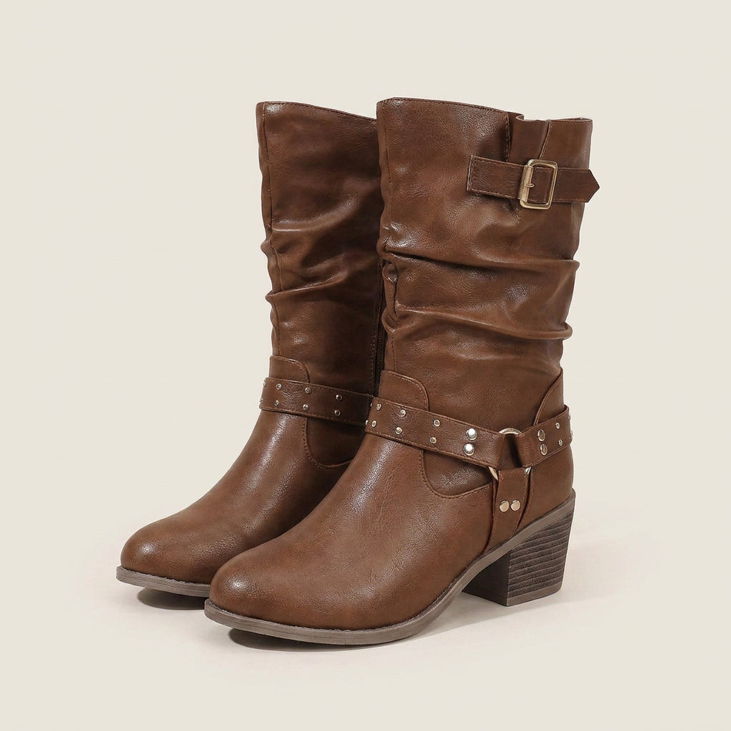 Ottilia | Bikerstiefel mit Nietenriemen und Blockabsatz