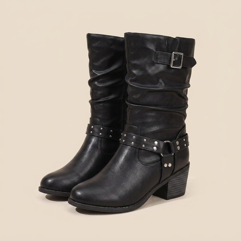Ottilia | Bikerstiefel mit Nietenriemen und Blockabsatz