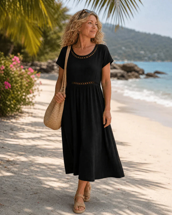 Elin | Besticktes Midikleid aus Baumwolle und Leinen