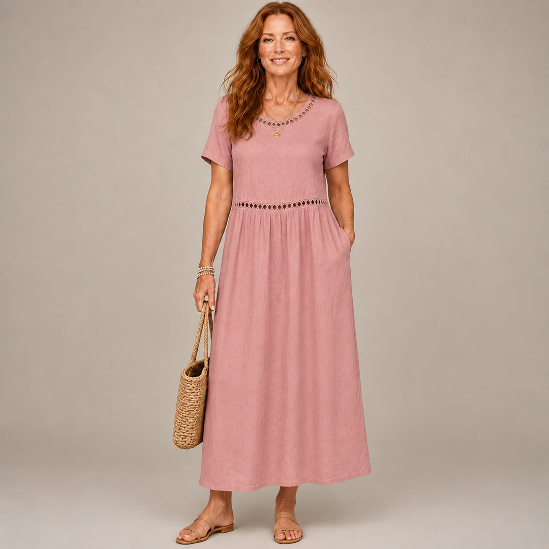 Elin | Besticktes Midikleid aus Baumwolle und Leinen