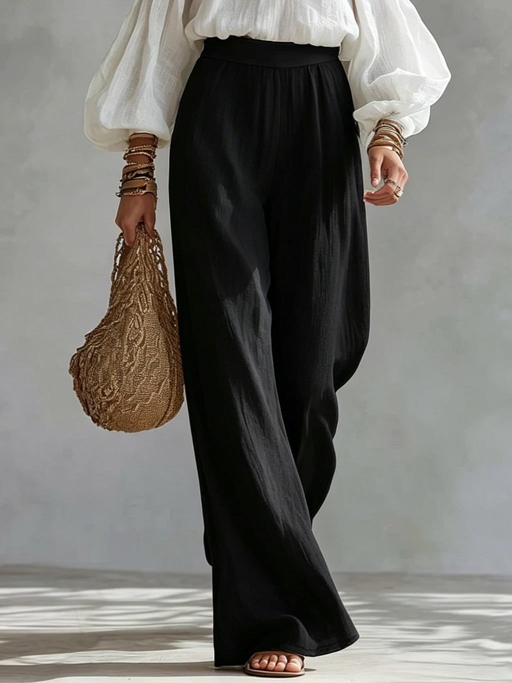 Gesa | Zweiteiler-Set mit Off-Shoulder-Top und weiter Hose, Weiß-Schwarz