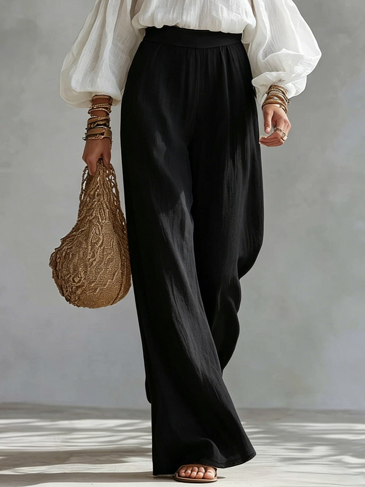 Gesa | Zweiteiler-Set mit Off-Shoulder-Top und weiter Hose, Weiß-Schwarz