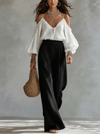 Gesa | Zweiteiler-Set mit Off-Shoulder-Top und weiter Hose, Weiß-Schwarz