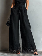 Nadja | Zweiteiler-Set aus Leinenmix mit Neckholder-Top und weiter Hose, Schwarz