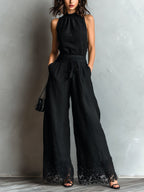 Nadja | Zweiteiler-Set aus Leinenmix mit Neckholder-Top und weiter Hose, Schwarz